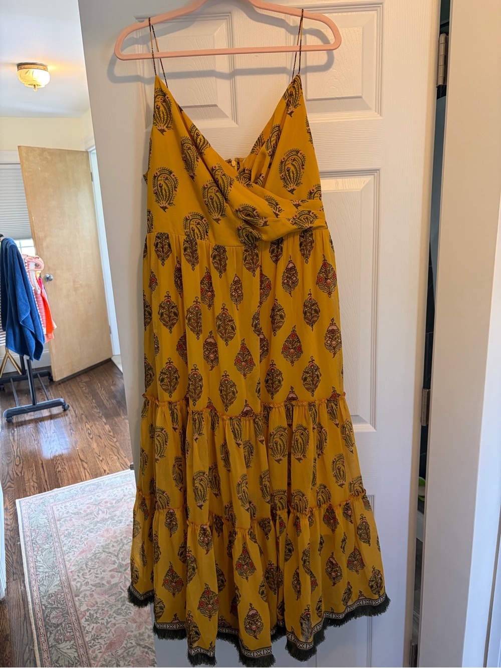 Yellow Anthropologie Printed Spaghetti-Strap Maxi Dress